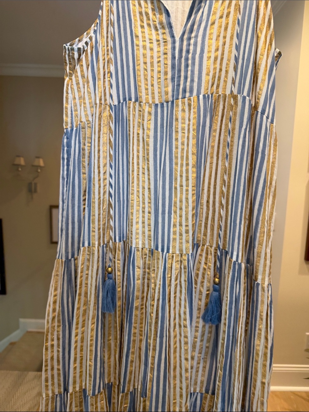 Oliphant Sleeveless Blue cream and gold Striped Tiered Maxi Dress - Picture 5 of 11